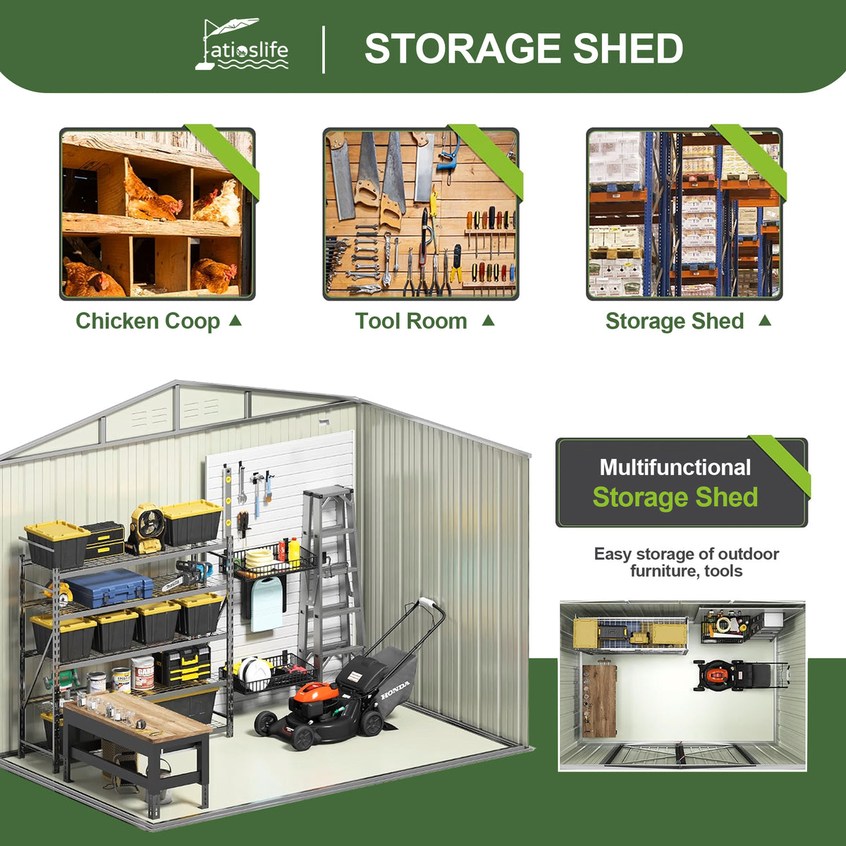 Patioslife Galvanized Steel Metal Storage Shed, Gable Roof Outdoor Shed for Backyard Garden Tools, Rust-Resistant Utility Tool Shed-Patioslife