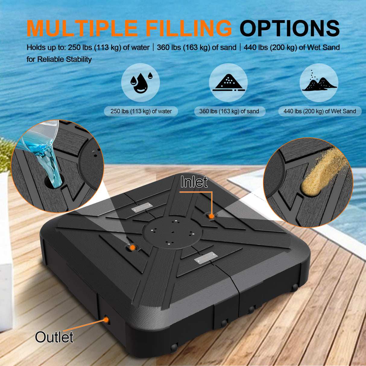 Patioslife™ Cantilever Umbrella Base 250–440lb, Heavy-Duty Outdoor Rolling Stand, Refillable HDPE Offset Weights with Wheels for Patio, Garden & Poolside Stability