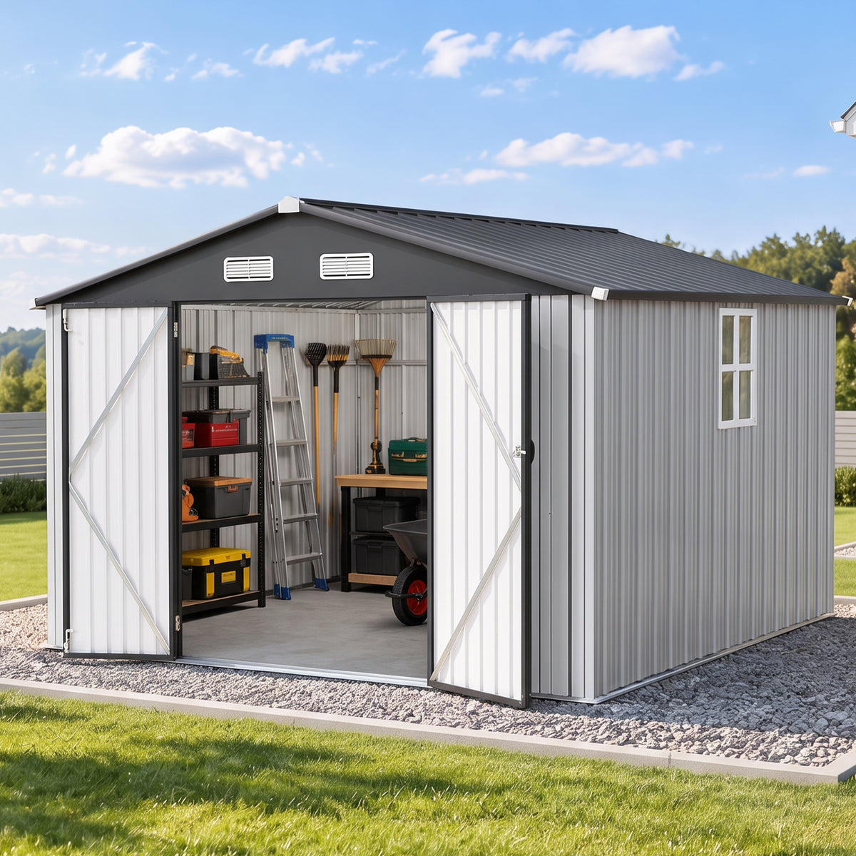 Patioslife YardVault Pro Metal Storage Shed with Window, Galvanized Steel Outdoor Tool Shed
