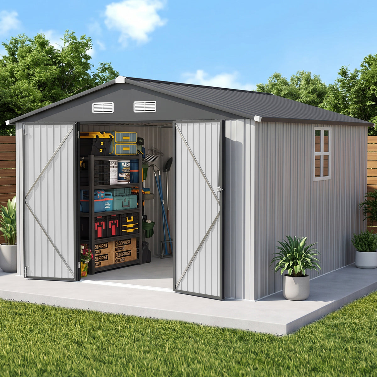 Patioslife YardVault Pro Metal Storage Shed with Window, Galvanized Steel Outdoor Tool Shed