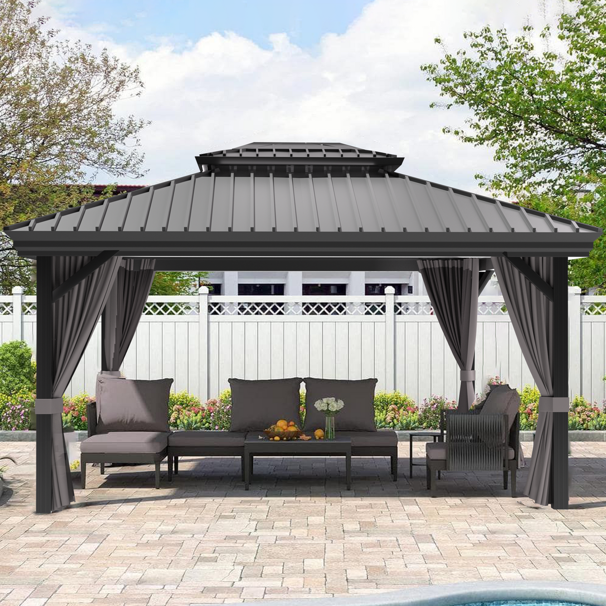 Patioslife Haven Hardtop Gazebo Reinforced 4.7" x 4.7" Aluminum Posts, Galvanized Steel Roof with Drainage Gutters, Double-Vented Hardtop Gazebo with Curtains & Netting for Backyard Patio