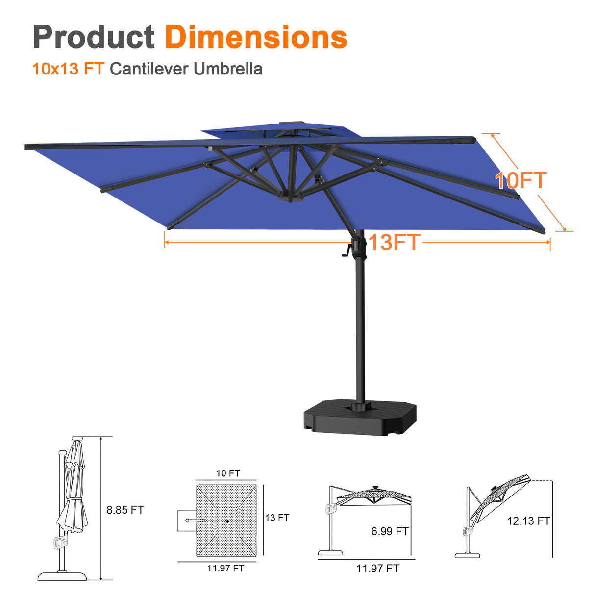 Patioslife Aegis Cantilever Umbrella with Reinforced Aluminum Ribs and Pole for Patios, Gardens & Decks