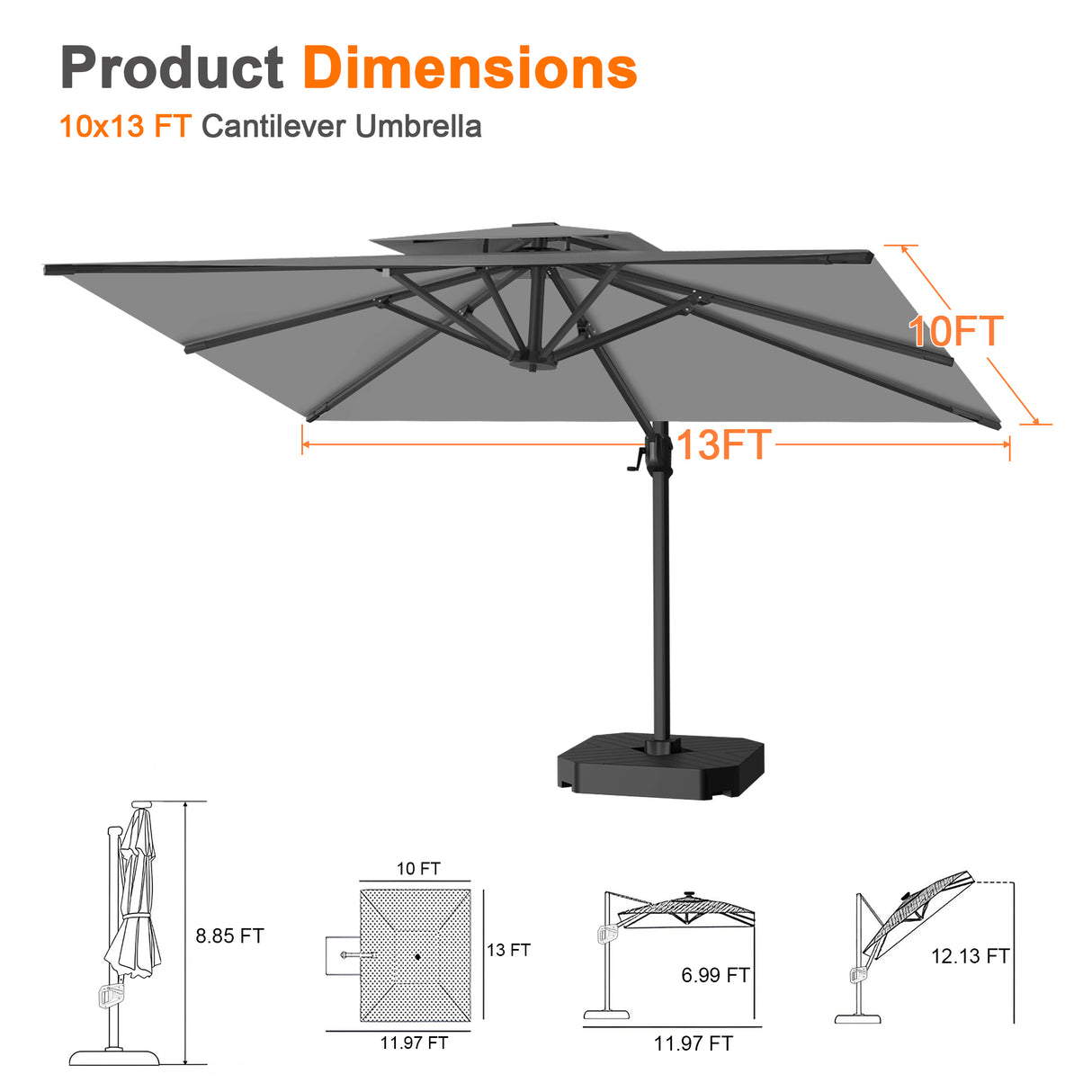 Patioslife Aegis Cantilever Umbrella with Reinforced Aluminum Ribs and Pole for Patios, Gardens & Decks