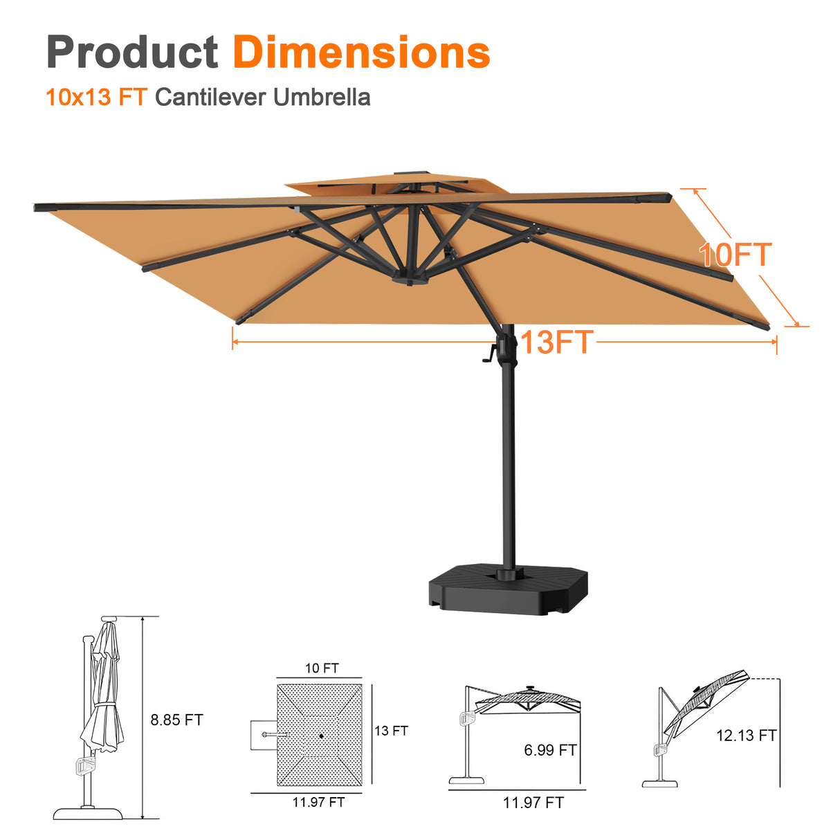 Patioslife Aegis Cantilever Umbrella with Reinforced Aluminum Ribs and Pole for Patios, Gardens & Decks