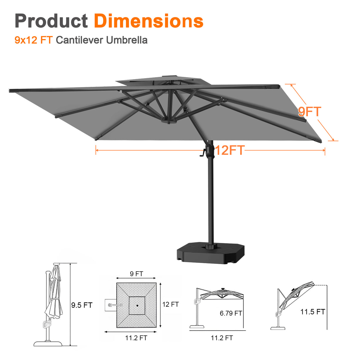 Patioslife Aegis Pro™ Cantilever Umbrella with Cross Metal Base, Reinforced & Powder-Coated Aluminium Ribs and Pole, Ideal for Garden & Patio