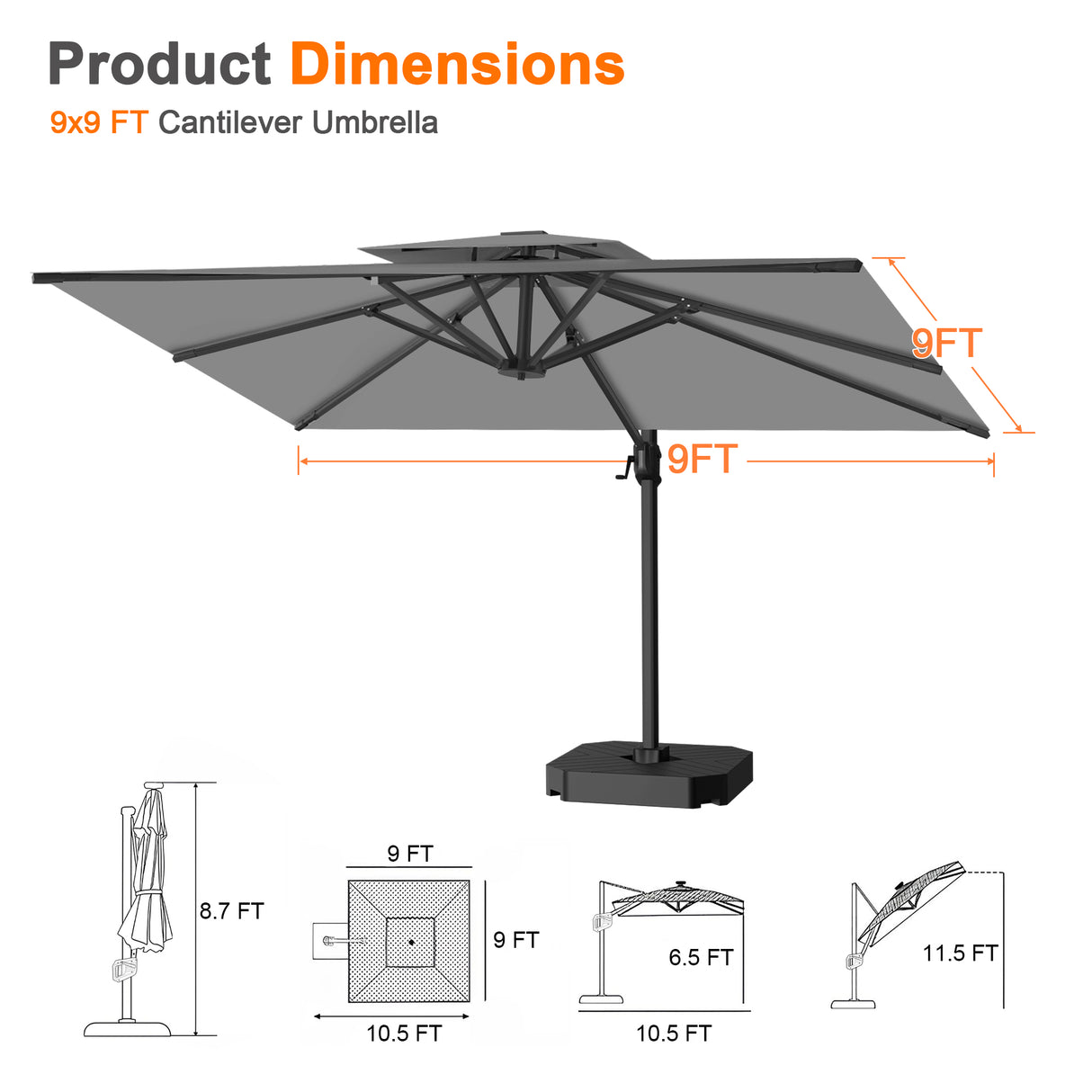 Patioslife Aegis Pro™ Cantilever Umbrella with Cross Metal Base, Reinforced & Powder-Coated Aluminium Ribs and Pole, Ideal for Garden & Patio
