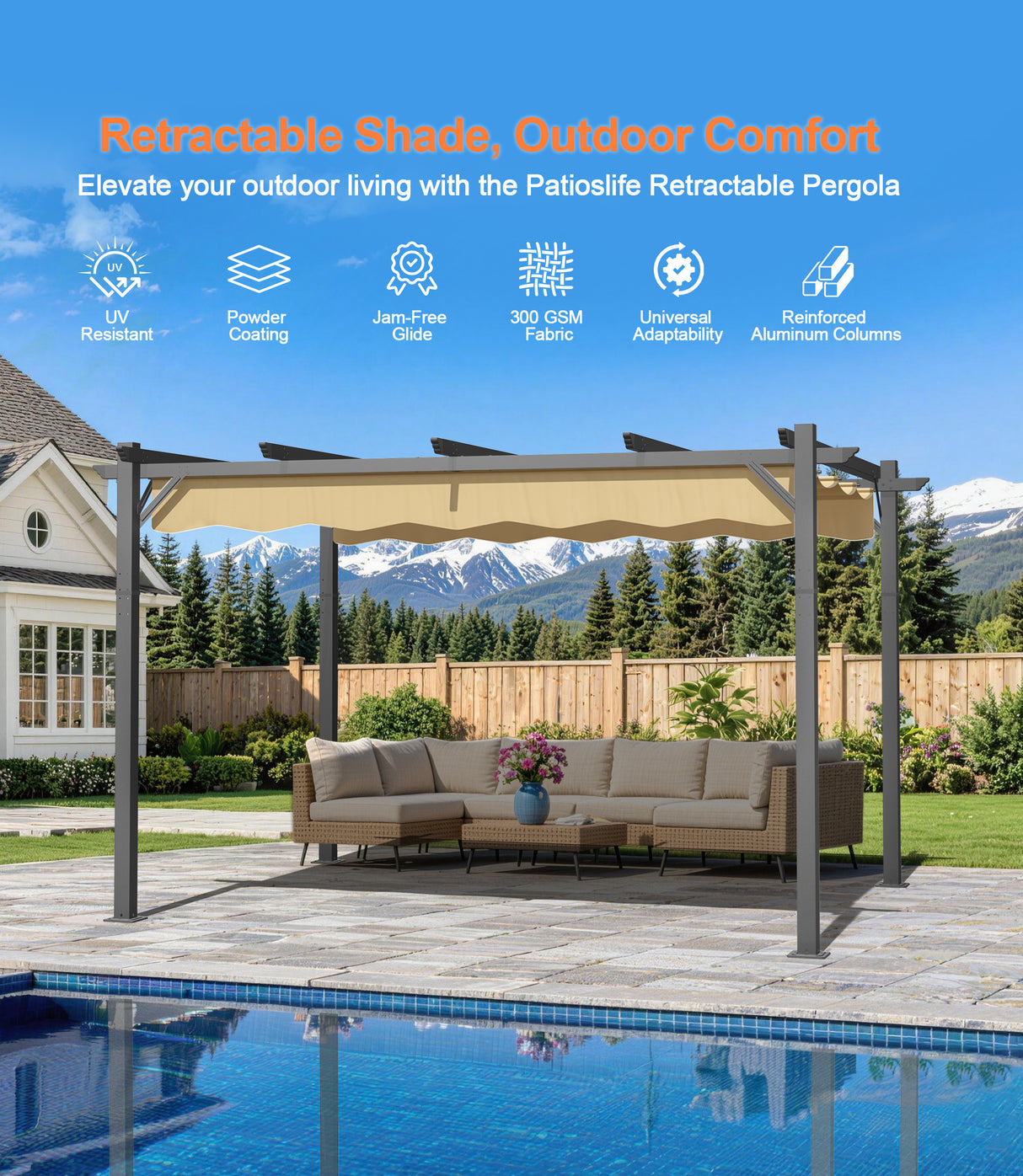Patioslife Atlantic Retractable Pergola with Adjustable Canopy — Heavy-Duty Outdoor Shade Structure