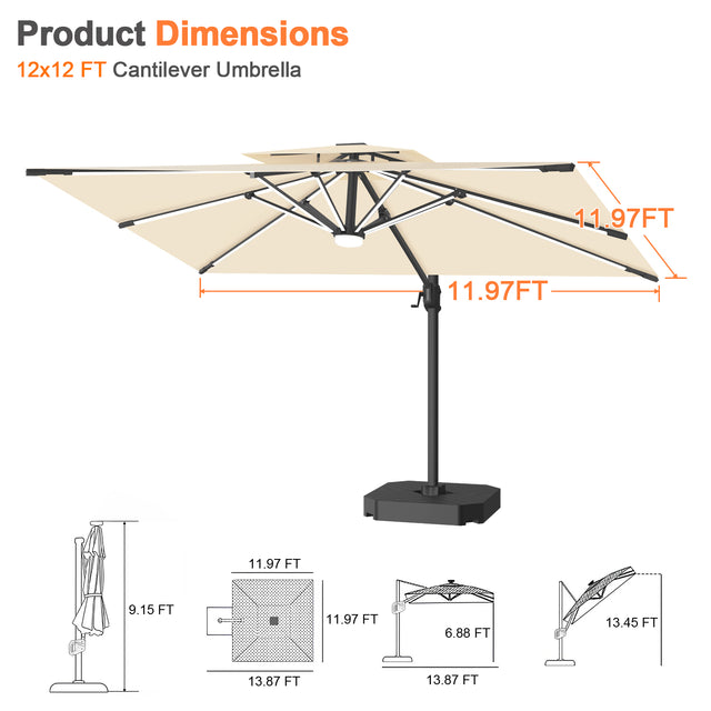 Patioslife Aegis Premium Cantilever Umbrella with Full-Rib LED Strip Lighting, Fibreglass Ribs and Powder-Coated Aluminium Pole for Luxury Garden & Patio Shade