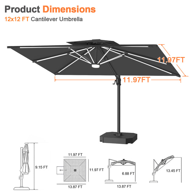 Patioslife Aegis Premium Cantilever Umbrella with Full-Rib LED Strip Lighting, Fibreglass Ribs and Powder-Coated Aluminium Pole for Luxury Garden & Patio Shade