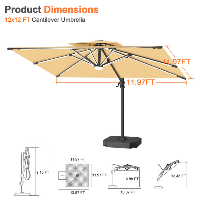 Patioslife Aegis Premium Cantilever Umbrella with Full-Rib LED Strip Lighting, Fibreglass Ribs and Powder-Coated Aluminium Pole for Luxury Garden & Patio Shade