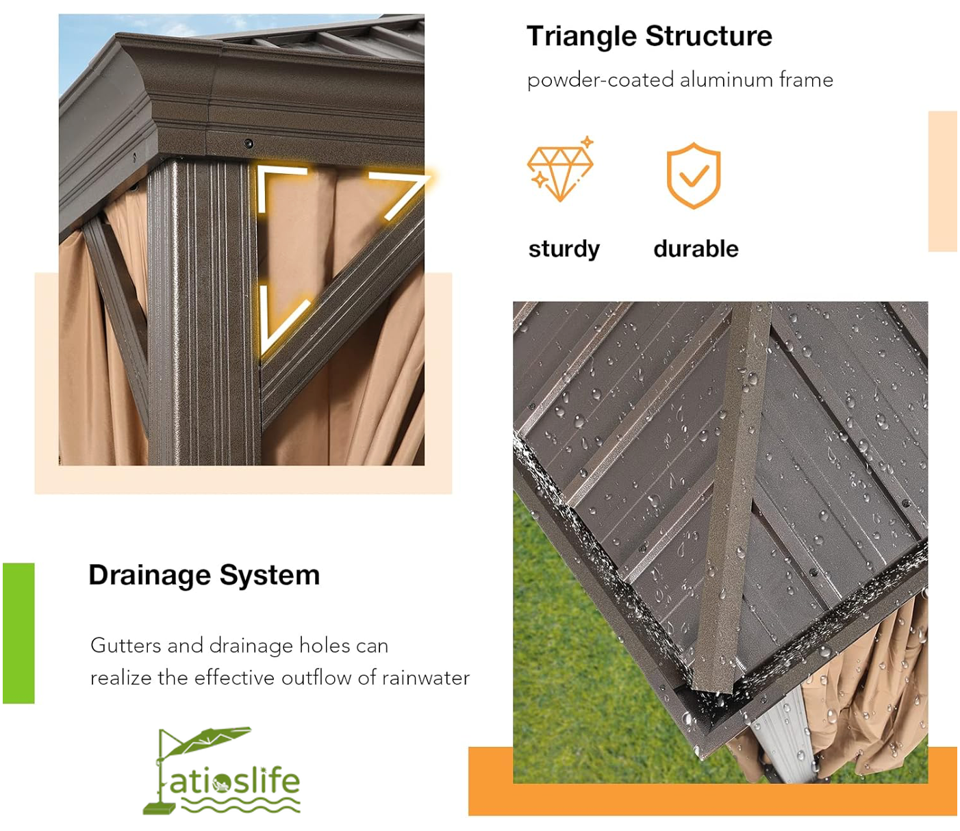 Patioslife Hardtop Gazebo with Wood Grain Aluminum Frame, Double Vented Roof & Curtains, Patio Pergola for Garden or Backyard