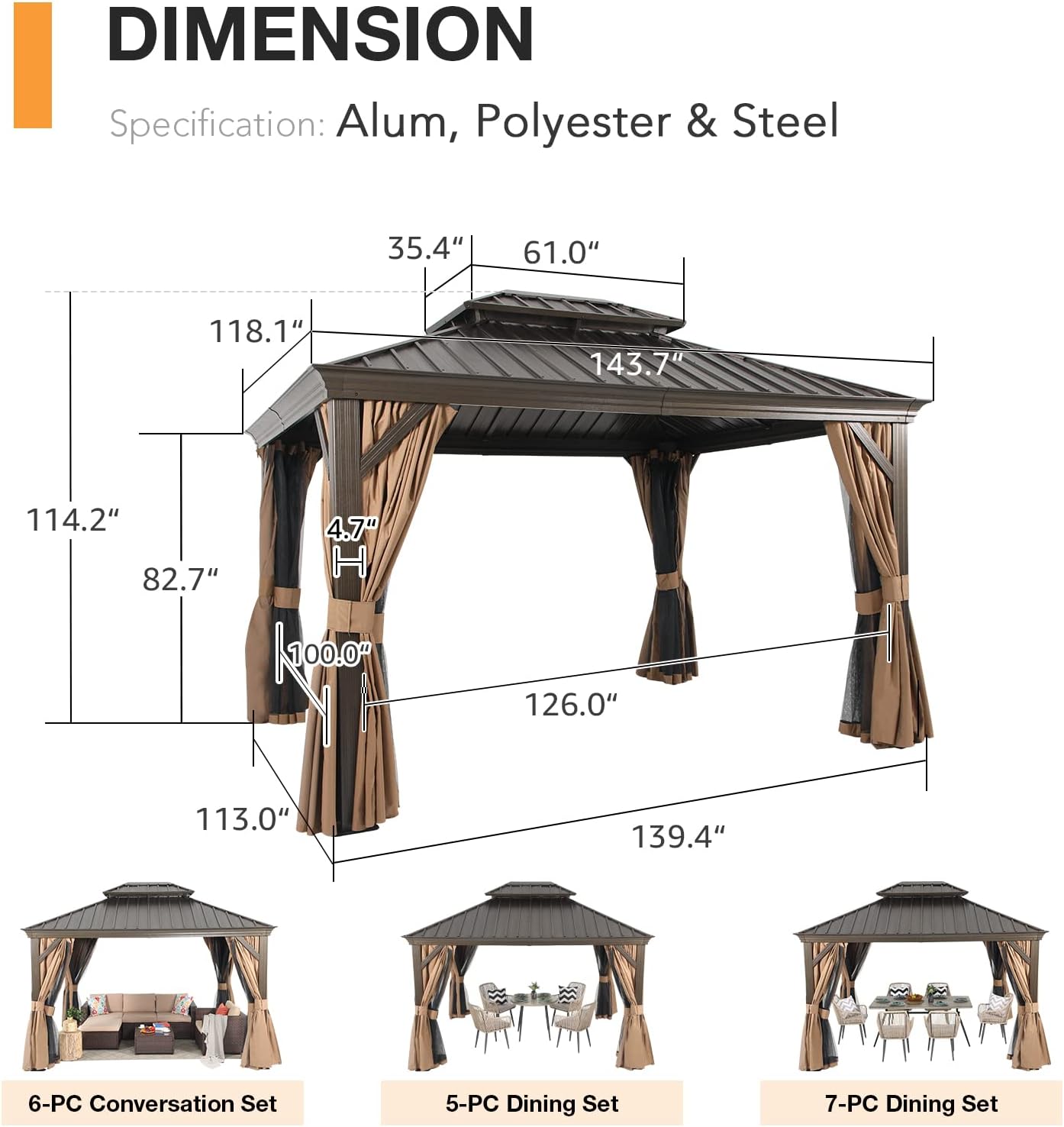 Patioslife Hardtop Gazebo with Wood Grain Aluminum Frame, Double Vented Roof & Curtains, Patio Pergola for Garden or Backyard