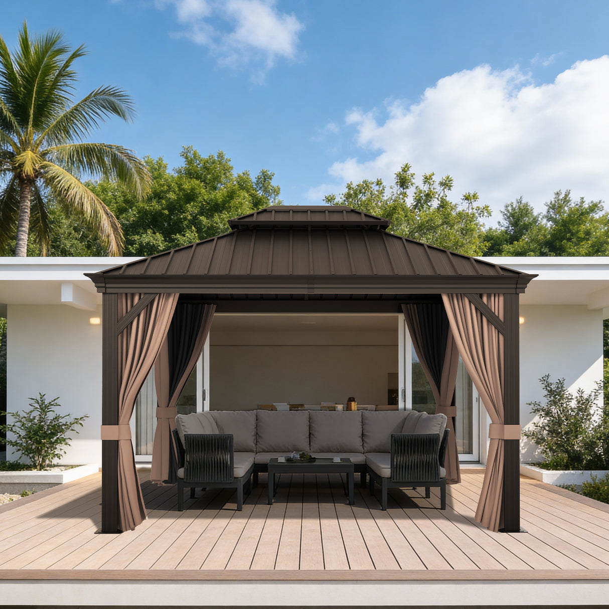 Patioslife Haven 10x10 ft Espresso Brown hardtop gazebo with curtains, netting, drainage gutters, and shaded deck lounge furniture.