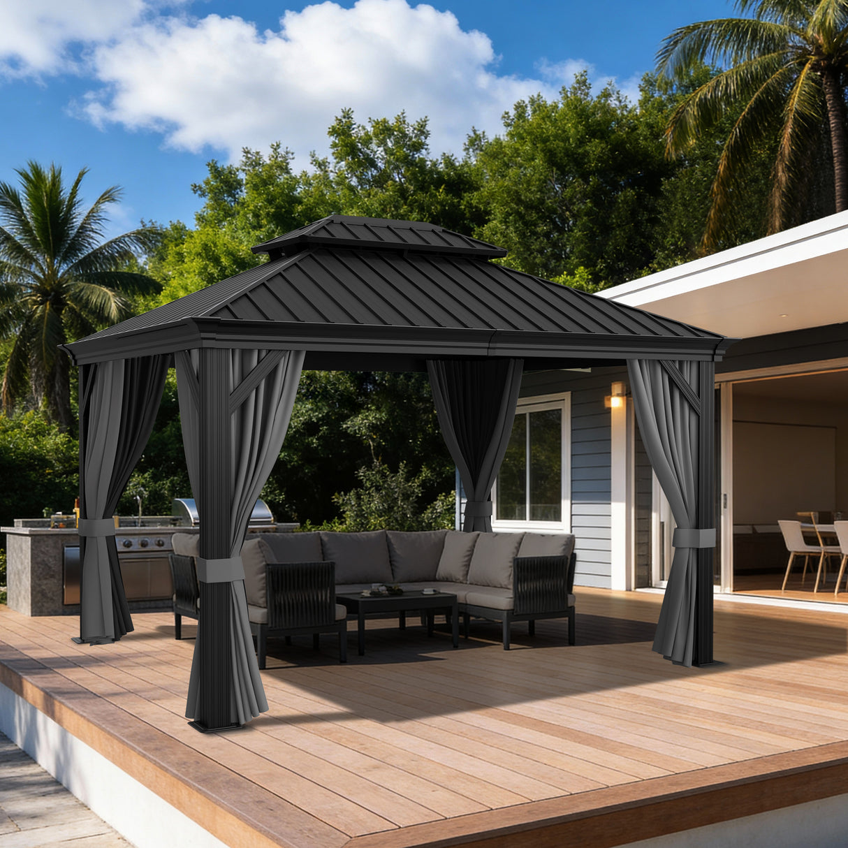 Patioslife 10x12 ft Graphite Grey outdoor hardtop gazebo with curtains, sofa seating, and backyard deck patio setup