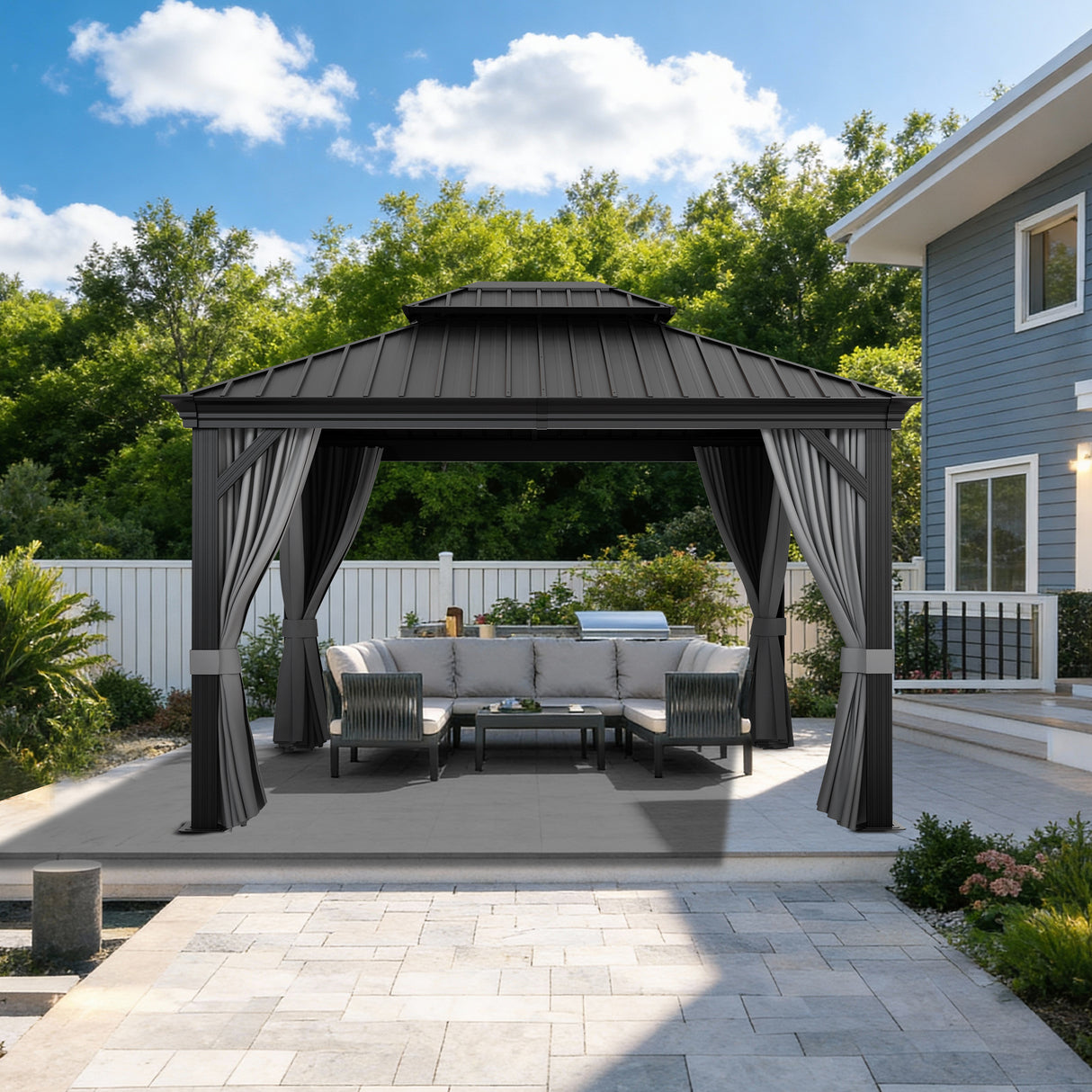 Patioslife Haven 10x12 ft Graphite Grey luxury hardtop gazebo with curtains, netting, drainage gutters, and backyard patio sofa set.