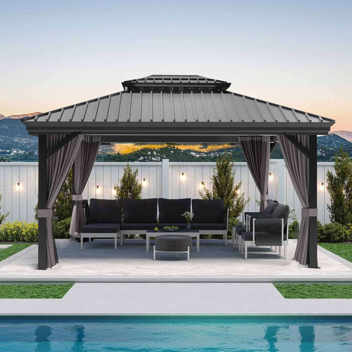 Patioslife 10x12 ft Graphite Grey hardtop gazebo with curtains, backyard seating, and poolside outdoor lounge area