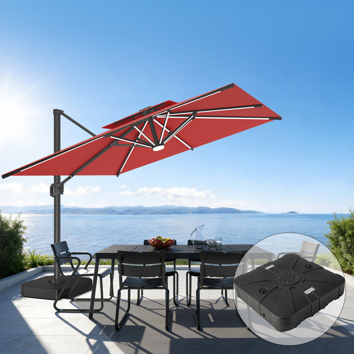 Patioslife Aegis Premium Cantilever Umbrella with Full-Rib LED Strip Lighting, Fibreglass Ribs, Powder-Coated Aluminium Pole & Protective Cover — Luxury Garden & Patio Shade