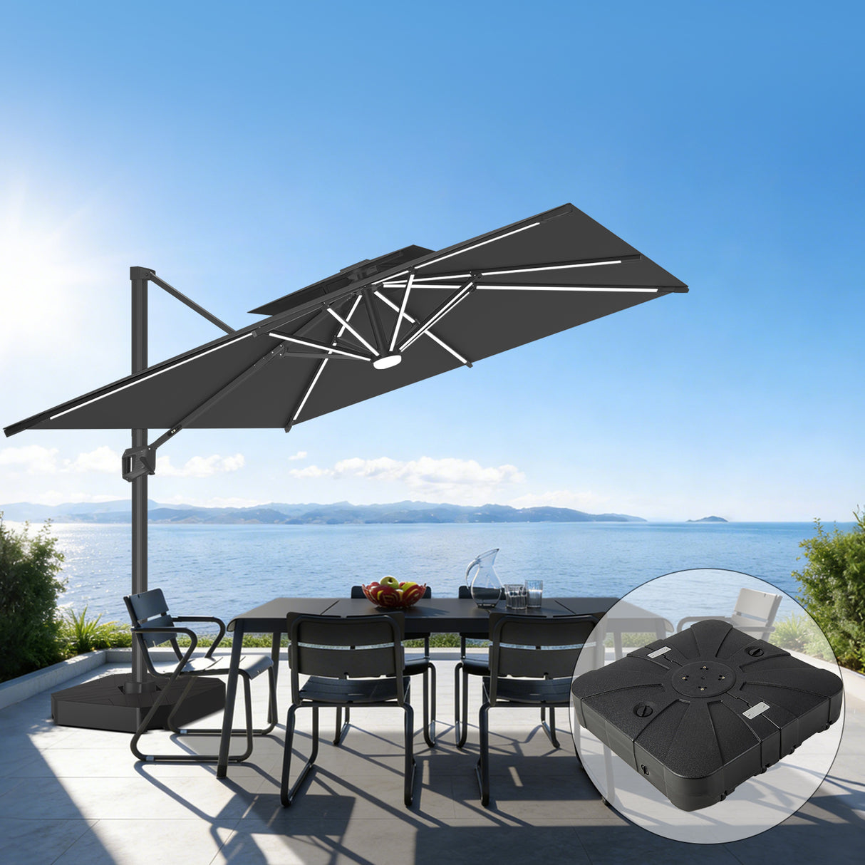 Patioslife Aegis Premium Cantilever Umbrella with Full-Rib LED Strip Lighting, Fibreglass Ribs, Powder-Coated Aluminium Pole & Protective Cover — Luxury Garden & Patio Shade