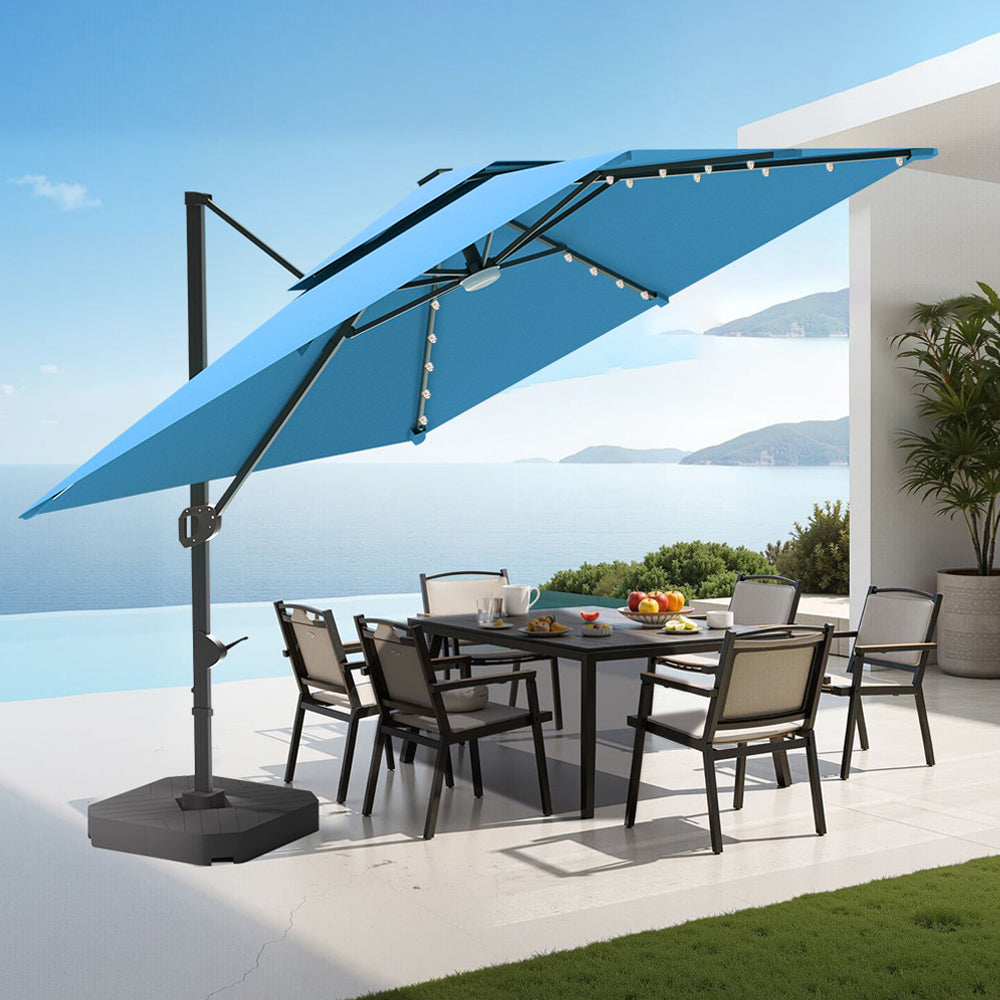 Patioslife Aegis Pro Cantilever Umbrella with LED Lights and Cover, Reinforced & Powder-Coated Aluminium Ribs and Pole — Perfect for Garden & Patio