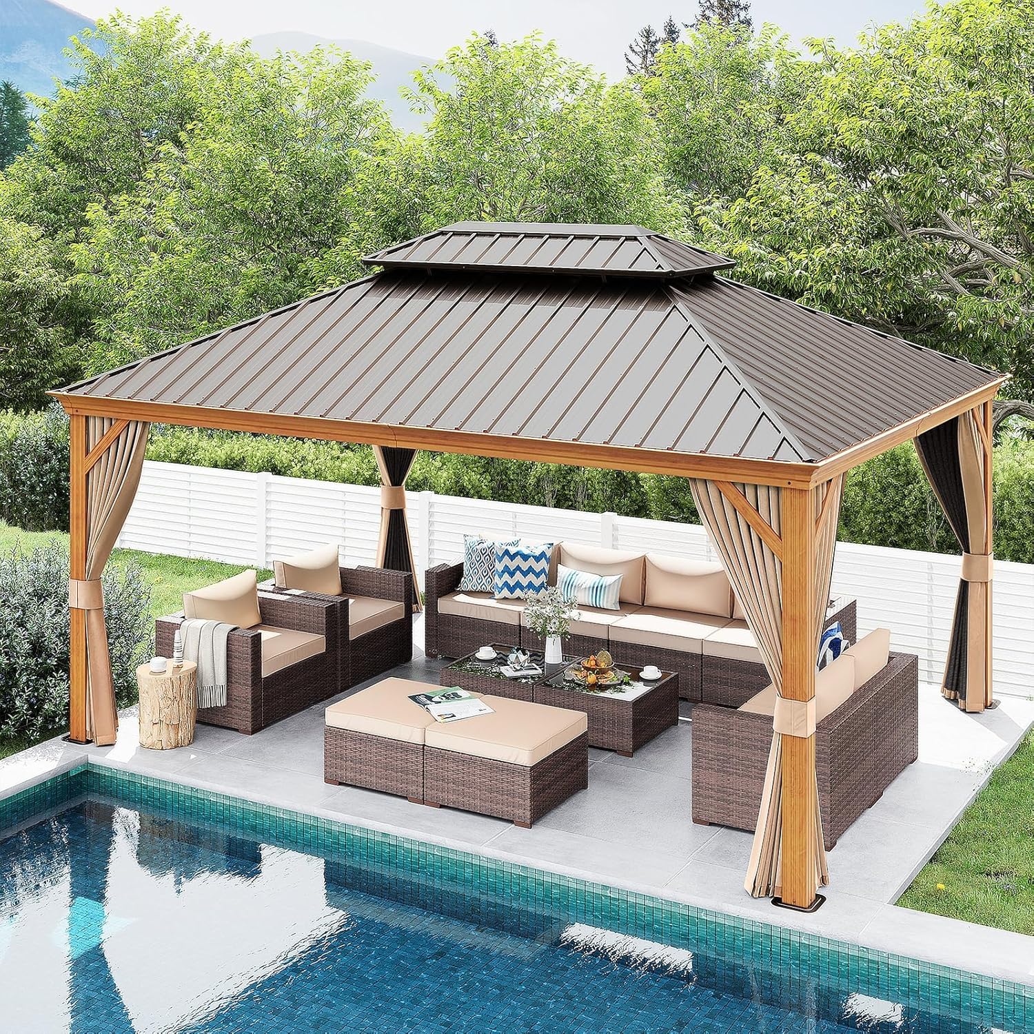 Patioslife Hardtop Gazebo with Wood Grain Aluminum Frame, Double Vented Roof & Curtains, Patio Pergola for Garden or Backyard