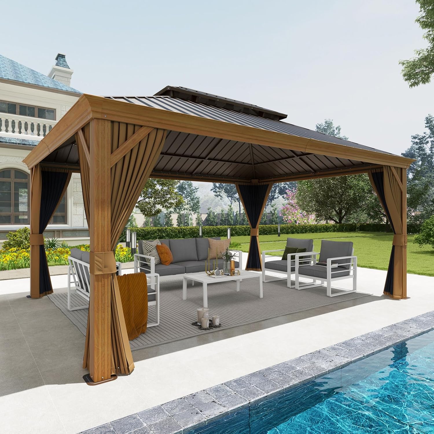 Patioslife Hardtop Gazebo with Wood Grain Aluminum Frame, Double Vented Roof & Curtains, Patio Pergola for Garden or Backyard