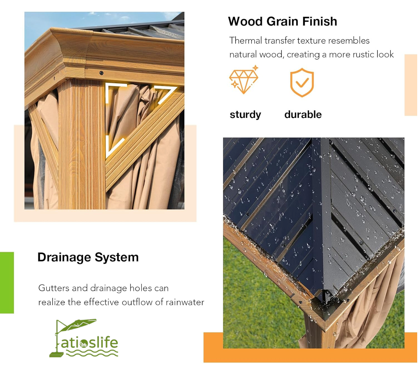 Patioslife Hardtop Gazebo with Wood Grain Aluminum Frame, Double Vented Roof & Curtains, Patio Pergola for Garden or Backyard