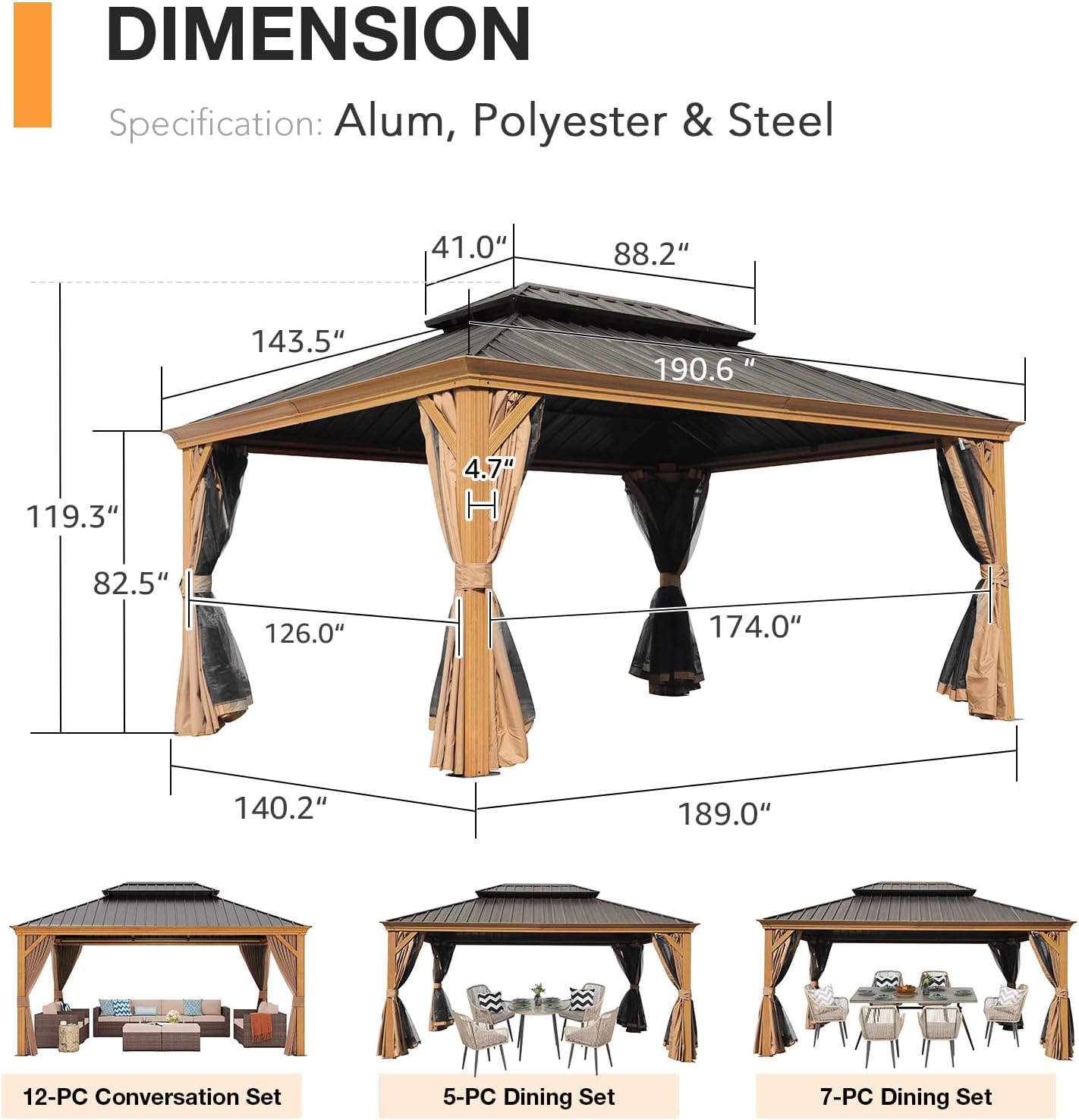 Patioslife Hardtop Gazebo with Wood Grain Aluminum Frame, Double Vented Roof & Curtains, Patio Pergola for Garden or Backyard