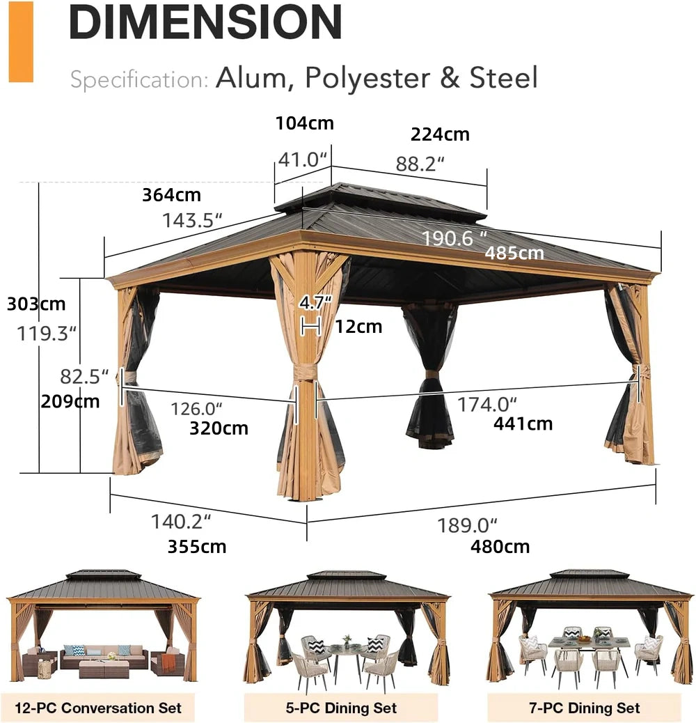 Patioslife Hardtop Gazebo with Wood Grain Aluminum Frame, Double Vented Roof & Curtains, Patio Pergola for Garden or Backyard
