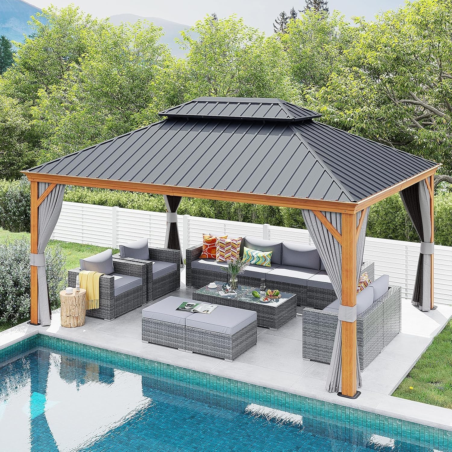 Patioslife Hardtop Gazebo with Wood Grain Aluminum Frame, Double Vented Roof & Curtains, Patio Pergola for Garden or Backyard