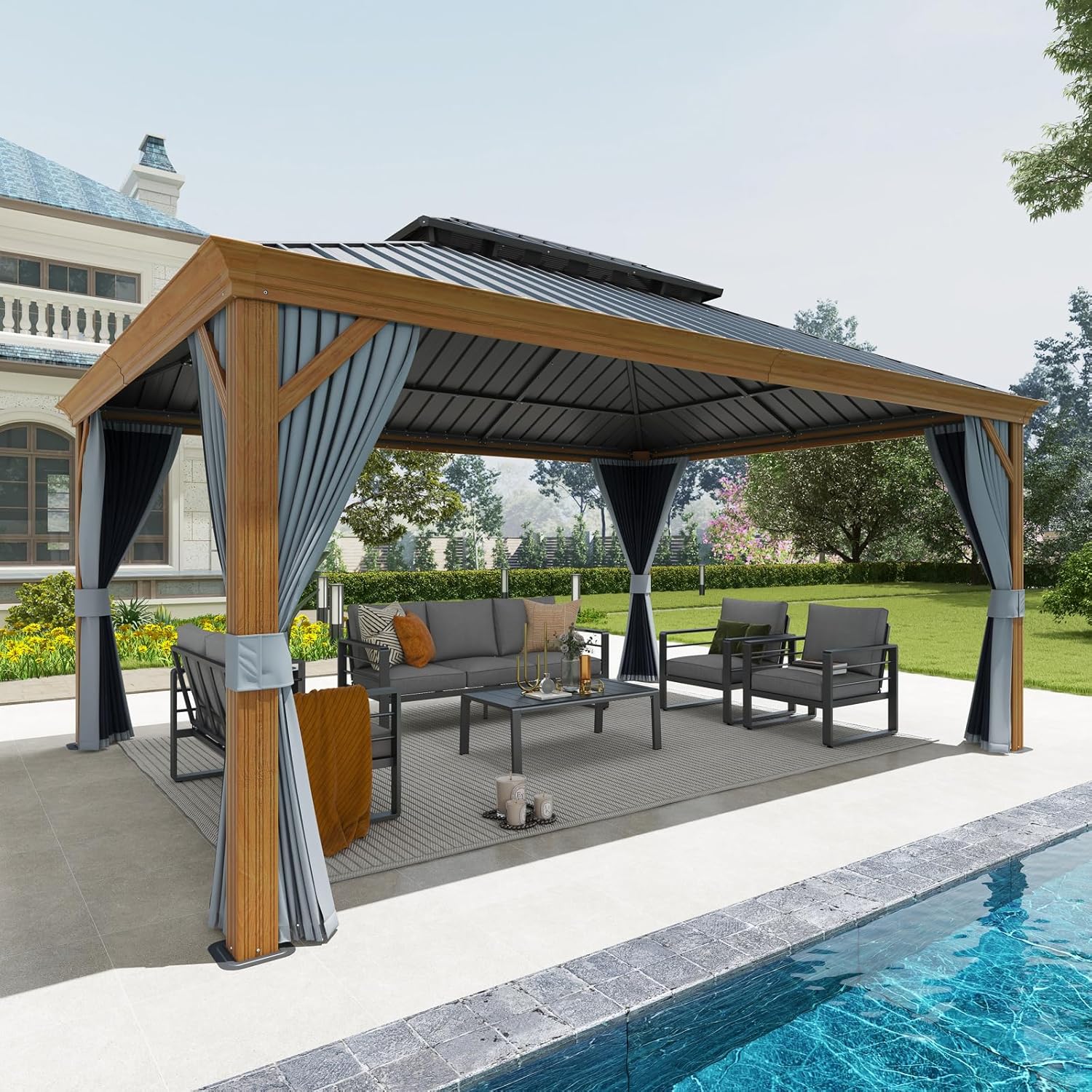 Patioslife Hardtop Gazebo with Wood Grain Aluminum Frame, Double Vented Roof & Curtains, Patio Pergola for Garden or Backyard