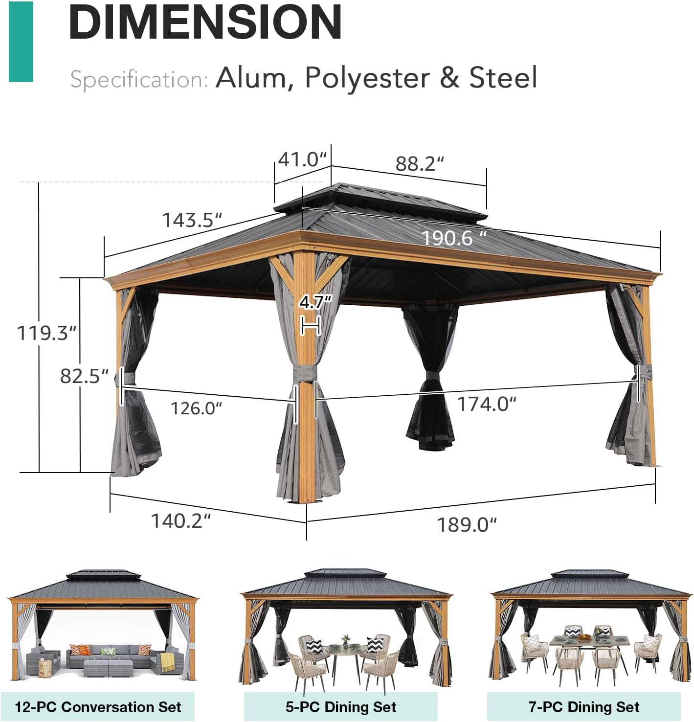 Patioslife Hardtop Gazebo with Wood Grain Aluminum Frame, Double Vented Roof & Curtains, Patio Pergola for Garden or Backyard