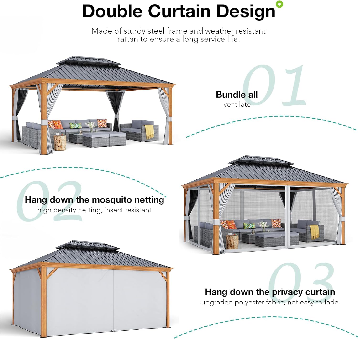 Patioslife Hardtop Gazebo with Wood Grain Aluminum Frame, Double Vented Roof & Curtains, Patio Pergola for Garden or Backyard