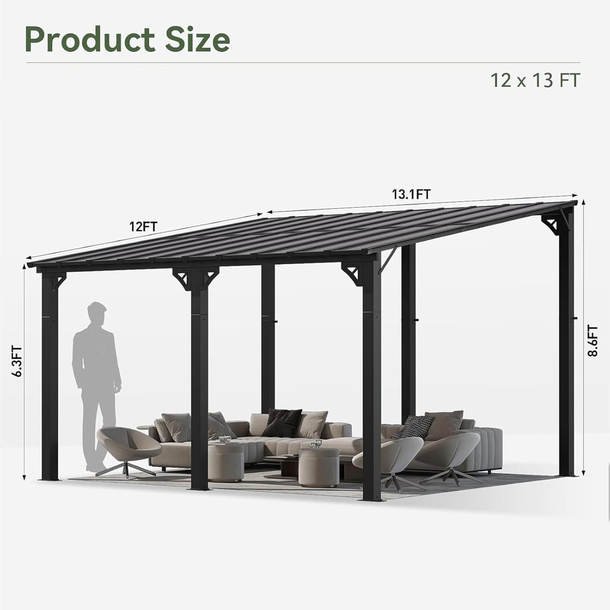 Patioslife 12x13 ft wall mounted patio pergola size chart with aluminum frame, sloped roof, and outdoor seating layout.