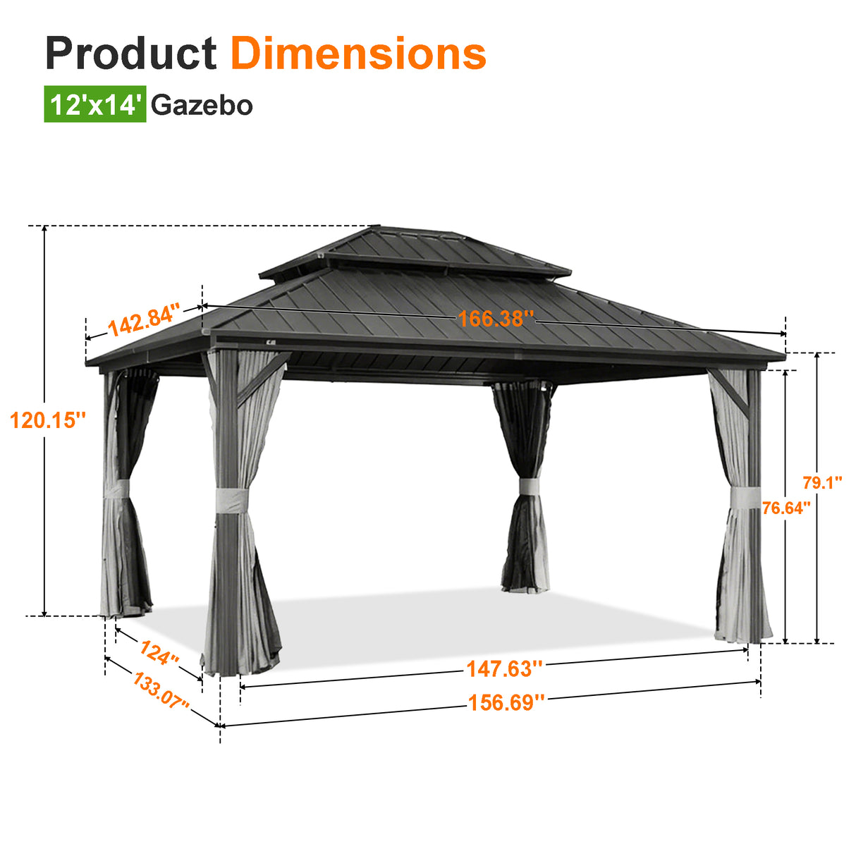 Patioslife 12x14 ft hardtop gazebo dimension chart with metal roof, curtains, and outdoor living space measurements.