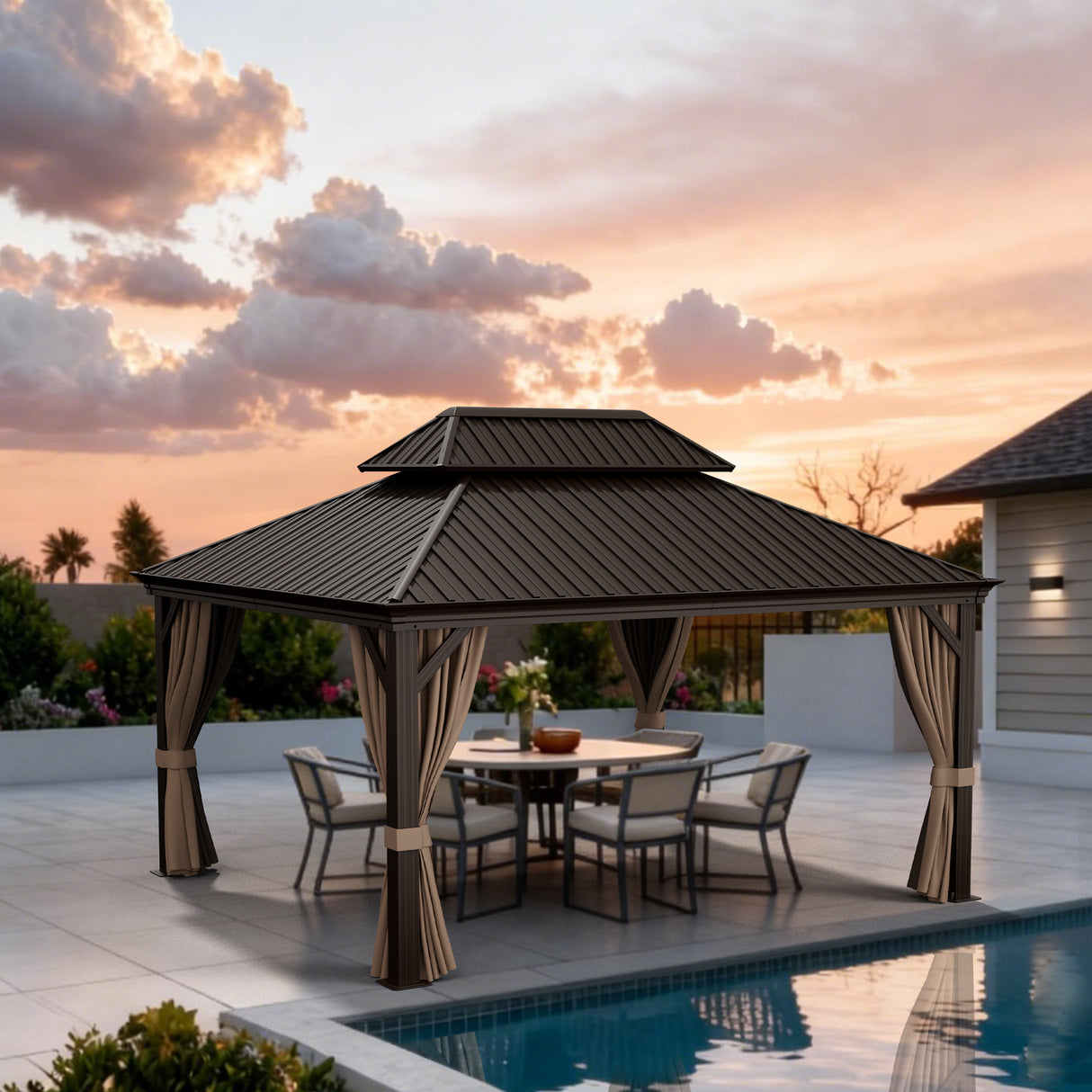 Patioslife Haven 12x14ft Espresso Brown hardtop gazebo with curtains, netting, reinforced aluminum posts, and sunset poolside dining area.