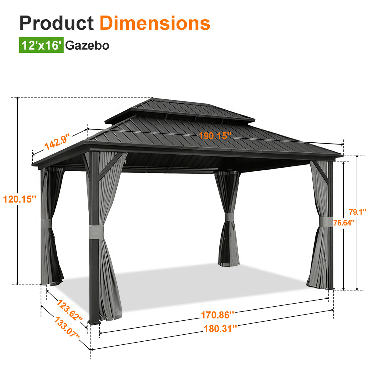 Patioslife 12x16 ft hardtop gazebo dimension chart with metal roof, curtains, and spacious backyard shade measurements.
