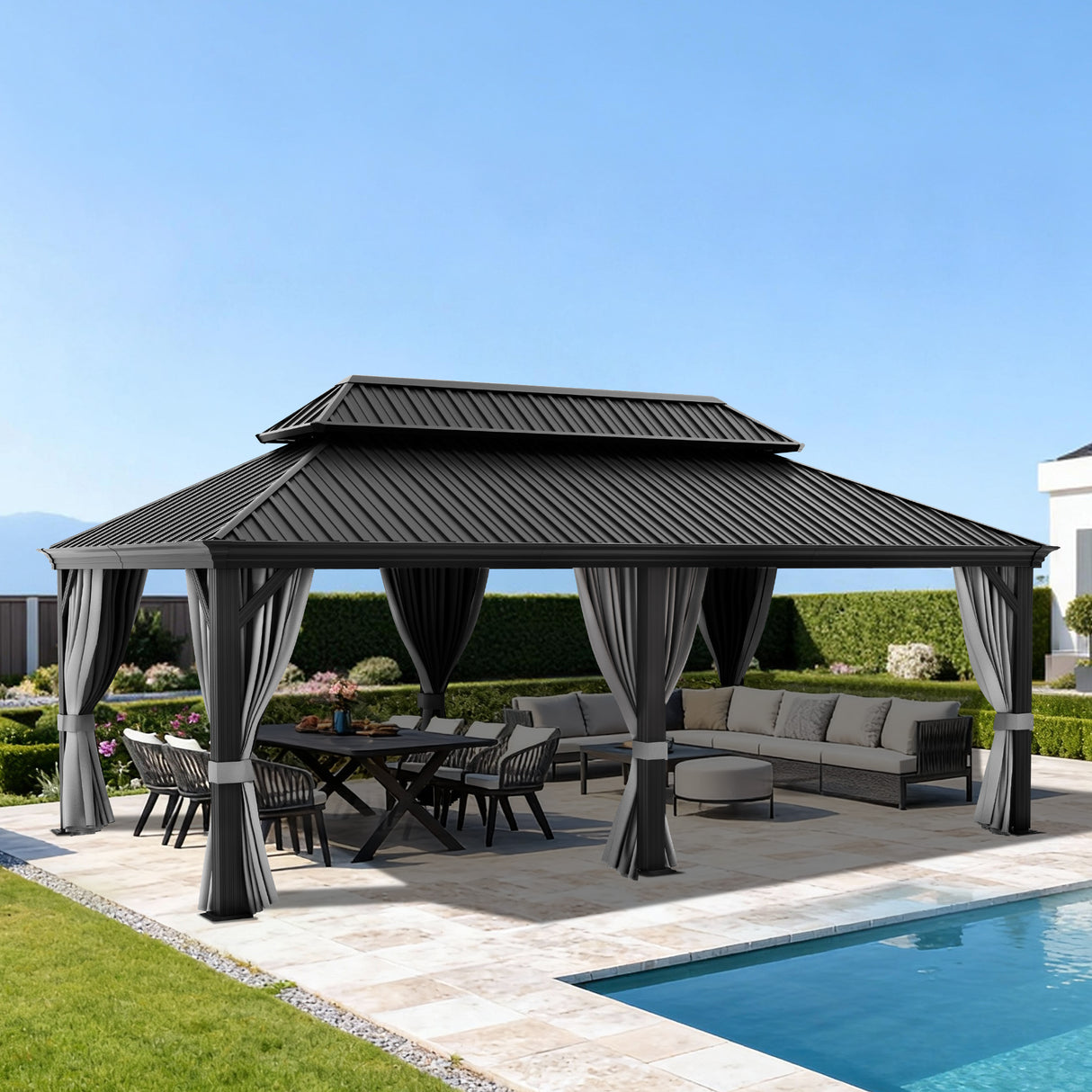 Patioslife Haven 12x20 ft Graphite Grey hardtop gazebo with built-in drainage gutters, curtains, netting, and poolside outdoor dining space.
