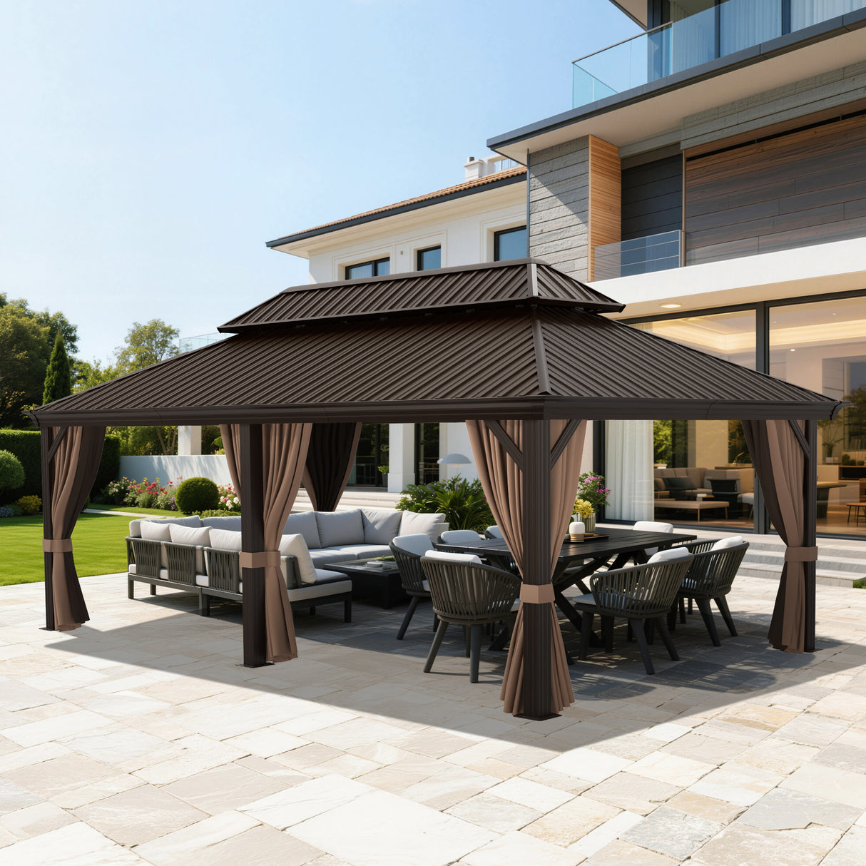 Patioslife Haven 12x20 ft Espresso Brown luxury hardtop gazebo with 4.7 inch reinforced posts, curtains, netting, and modern backyard seating.