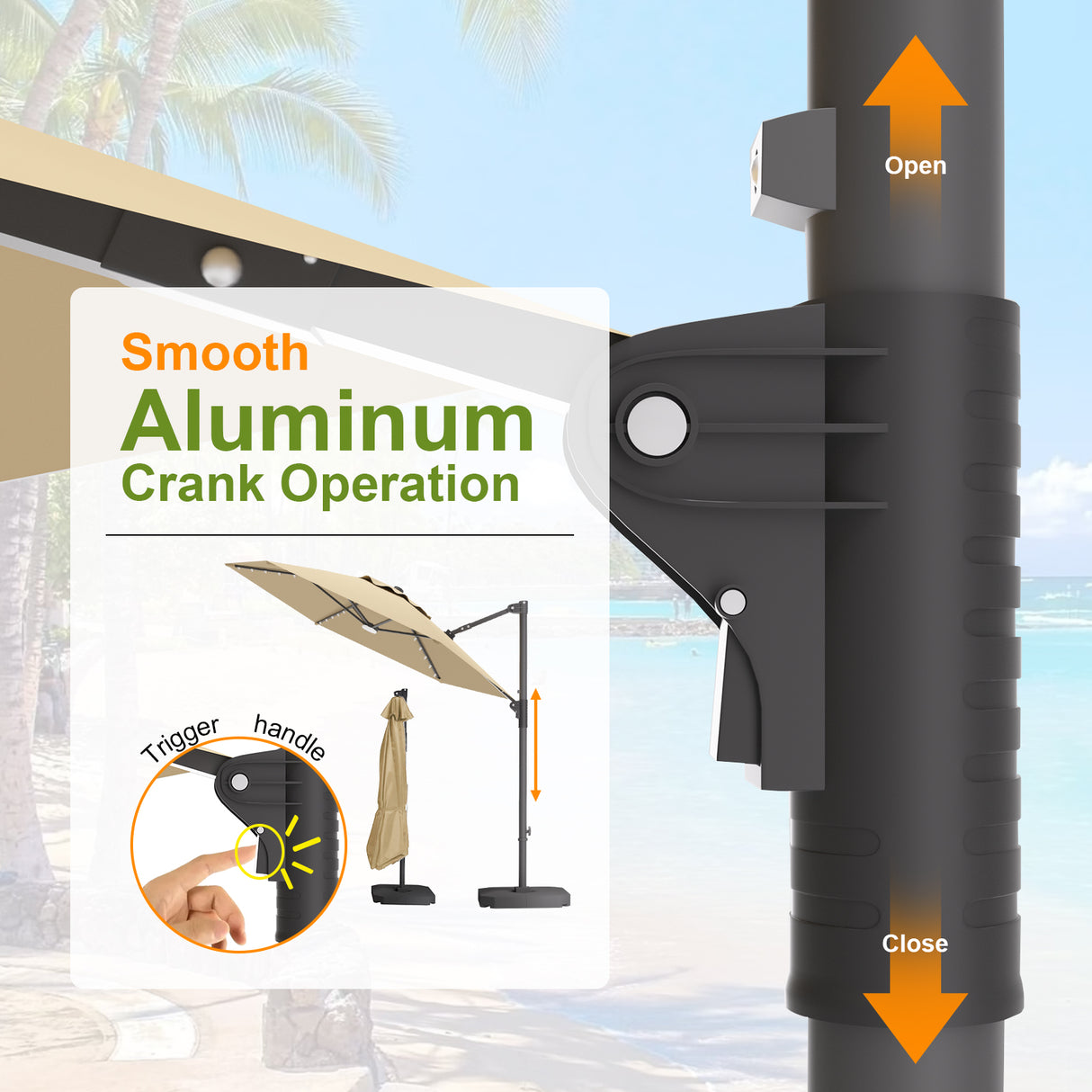 Patioslife Aegis Pro™ All-in-One Shade Round Cantilever Patio Umbrella with solar LED lights | Premium Cover | Large Base