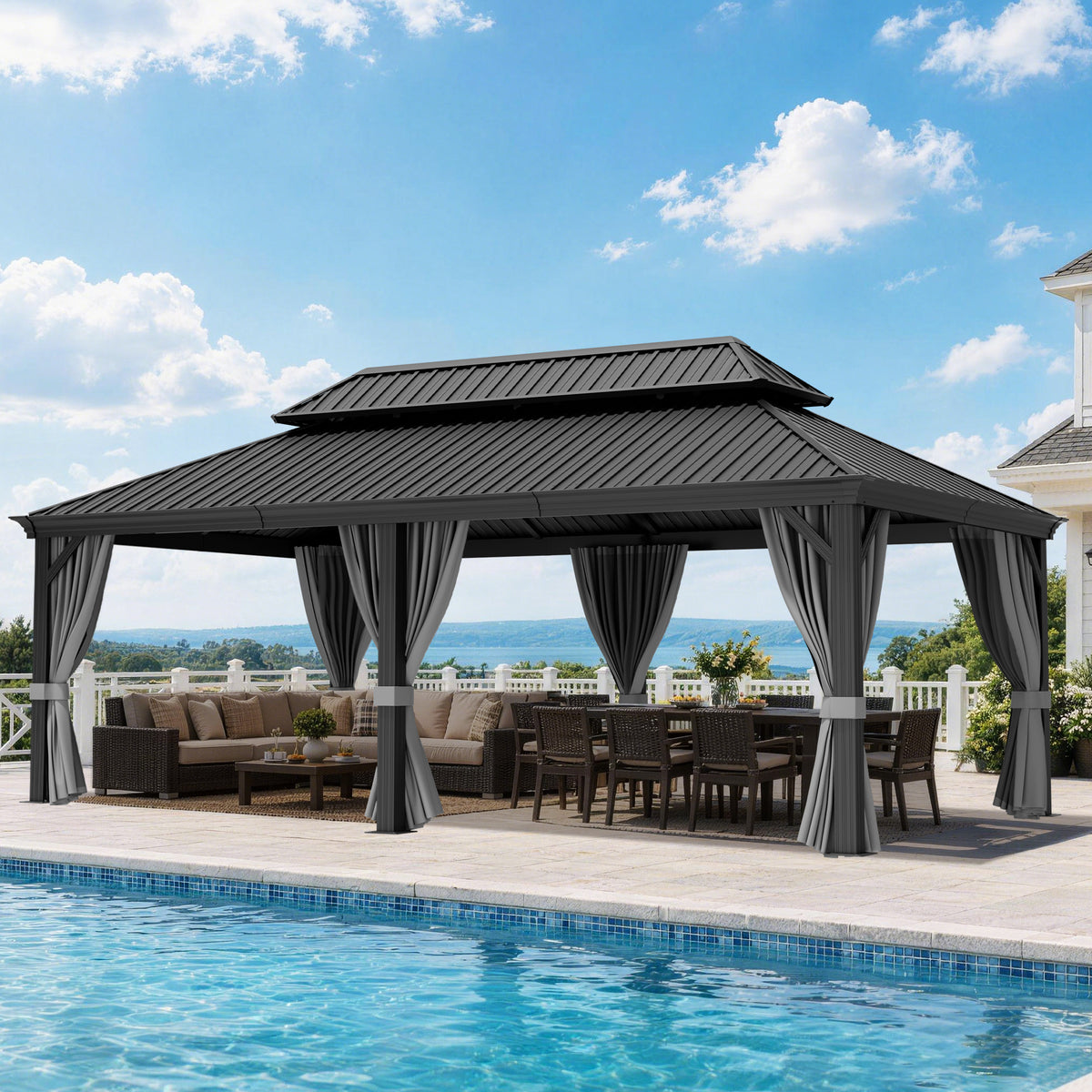 Patioslife Haven Luxury Hardtop Gazebo with 4.7” x 4.7” Reinforced Aluminum Posts, Built-In Drainage Gutters, Curtains & Netting for Patios & Backyards