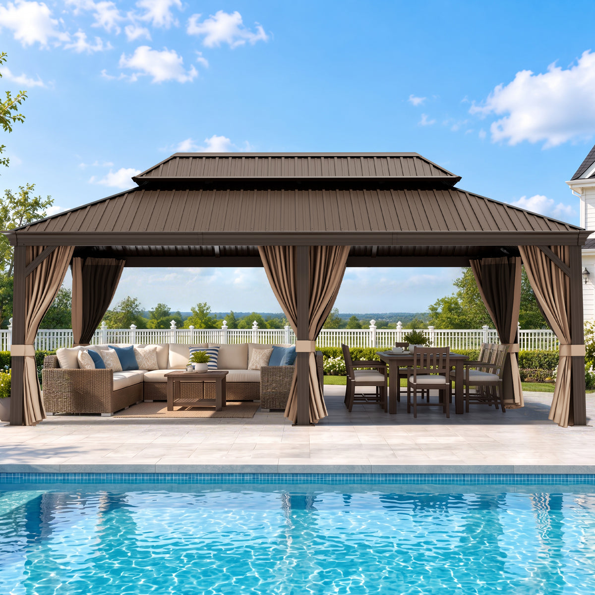 Patioslife Haven Luxury Hardtop Gazebo with 4.7” x 4.7” Reinforced Aluminum Posts, Built-In Drainage Gutters, Curtains & Netting for Patios & Backyards