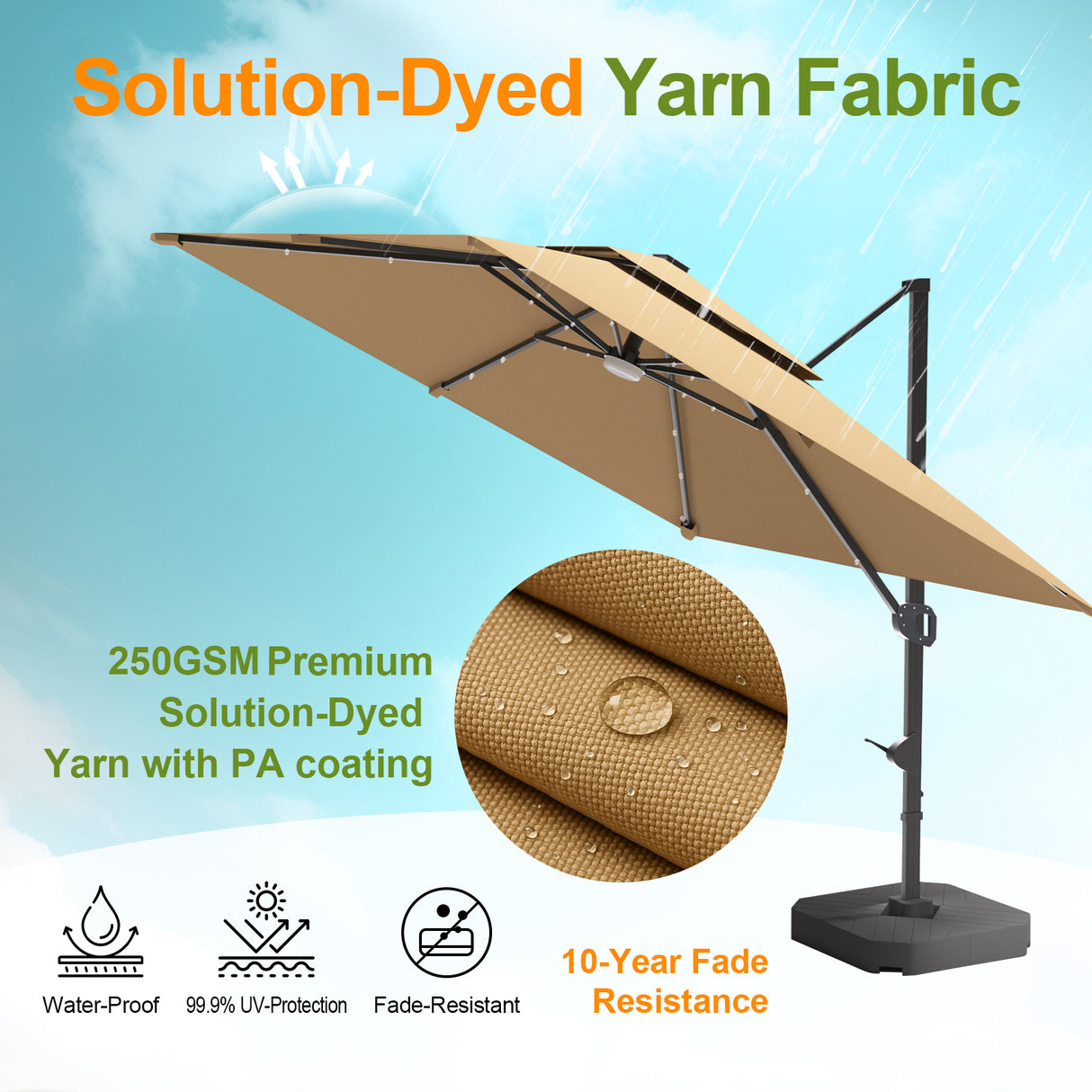 Patioslife Aegis Pro™ Cantilever Umbrella with Base & Protective Cover — Fibreglass Ribs & Powder-Coated Aluminium Pole for Garden & Patio