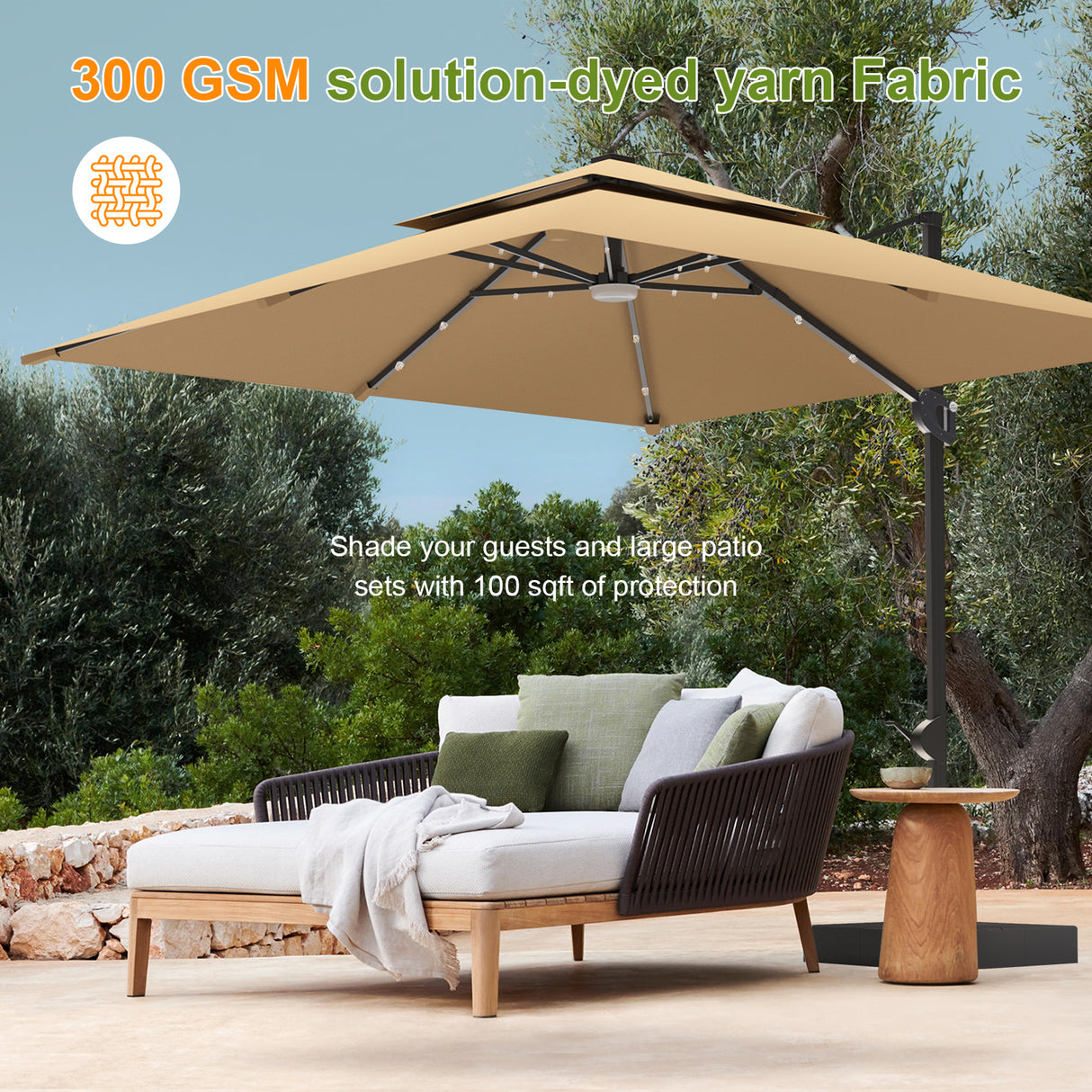 Patioslife Aegis Pro Cantilever Umbrella with LED Lights and Cover, Reinforced & Powder-Coated Aluminium Ribs and Pole — Perfect for Garden & Patio