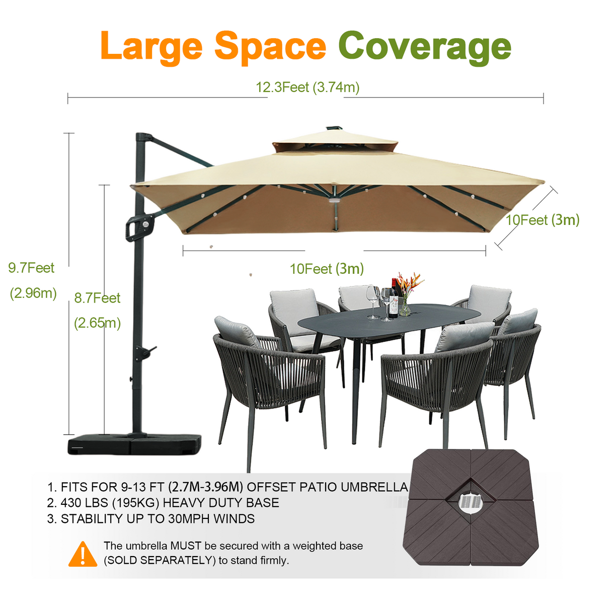 Patioslife Aegis Pro Cantilever Umbrella with LED Lights and Cover, Reinforced & Powder-Coated Aluminium Ribs and Pole — Perfect for Garden & Patio