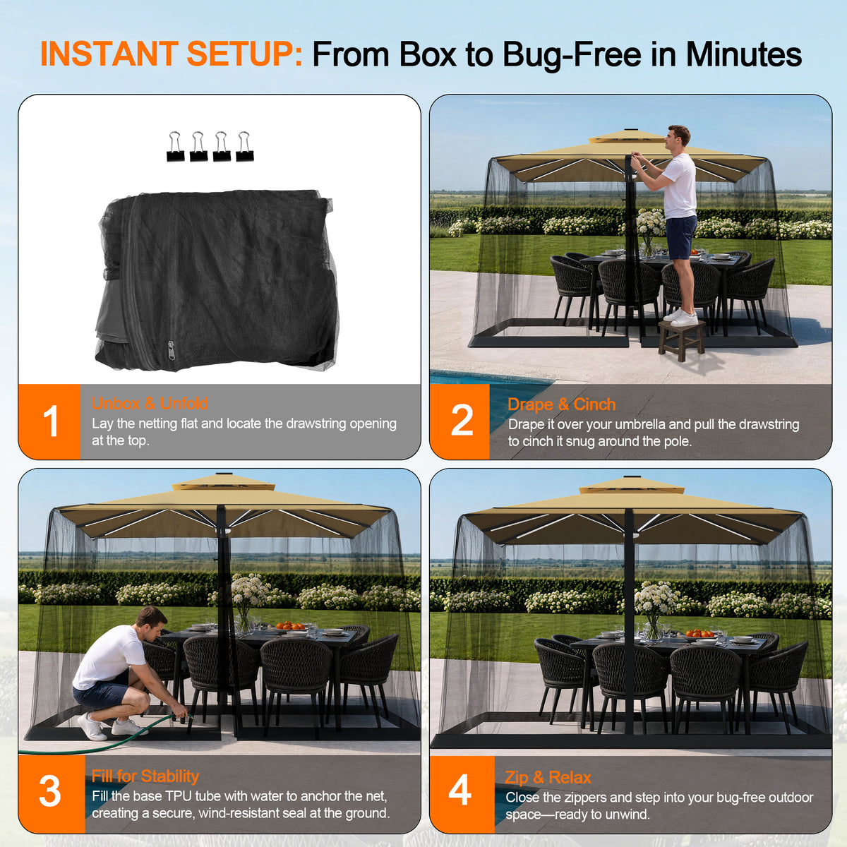 Patioslife Mosquito Net for Cantilever Patio Umbrella – Zippered Bug Netting Enclosure with Weighted Hem, Fits 8–13 ft Umbrellas