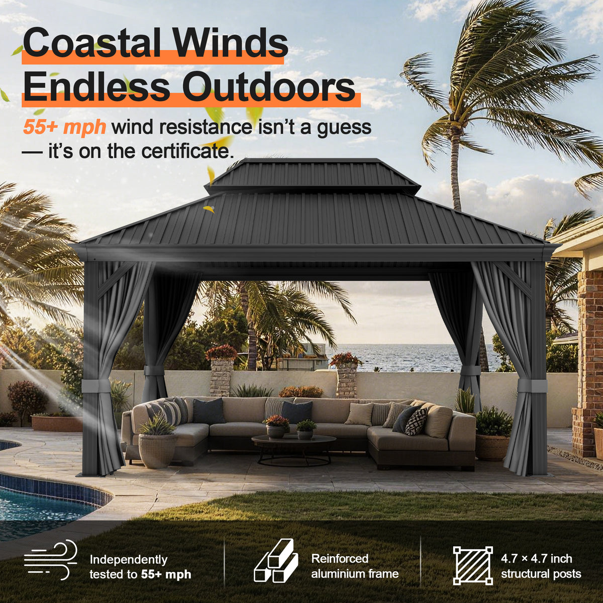 Patioslife Haven Luxury Hardtop Gazebo with 4.7” x 4.7” Reinforced Aluminum Posts, Built-In Drainage Gutters, Curtains & Netting for Patios & Backyards