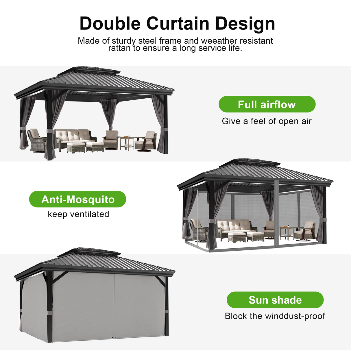 Patioslife Haven Luxury Hardtop Gazebo with 4.7” x 4.7” Reinforced Aluminum Posts, Built-In Drainage Gutters, Curtains & Netting for Patios & Backyards
