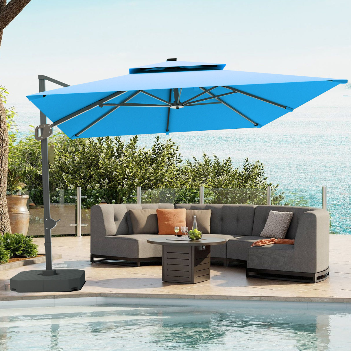 Patioslife Aegis Pro™ Cantilever Umbrella with Base & Protective Cover — Fibreglass Ribs & Powder-Coated Aluminium Pole for Garden & Patio