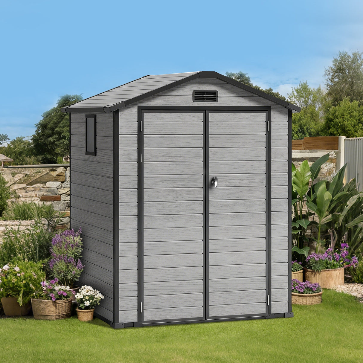 Outdoor Storage Shed with Floor Patioslife YardVault , All-Weather Waterproof Plastic Garden Shed in Resin with Lock and Window for Backyard, Heavy-Duty Storage Shed for Tools, Bikes & Lawn Equipment