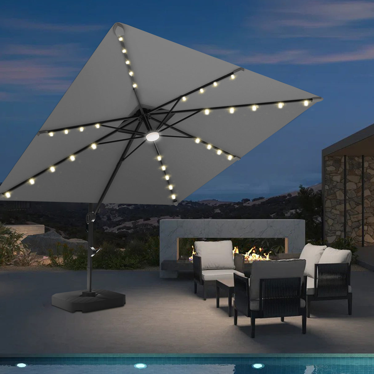 Patioslife Aegis Pro Cantilever Umbrella with LED Lights and Cover, Reinforced & Powder-Coated Aluminium Ribs and Pole — Perfect for Garden & Patio